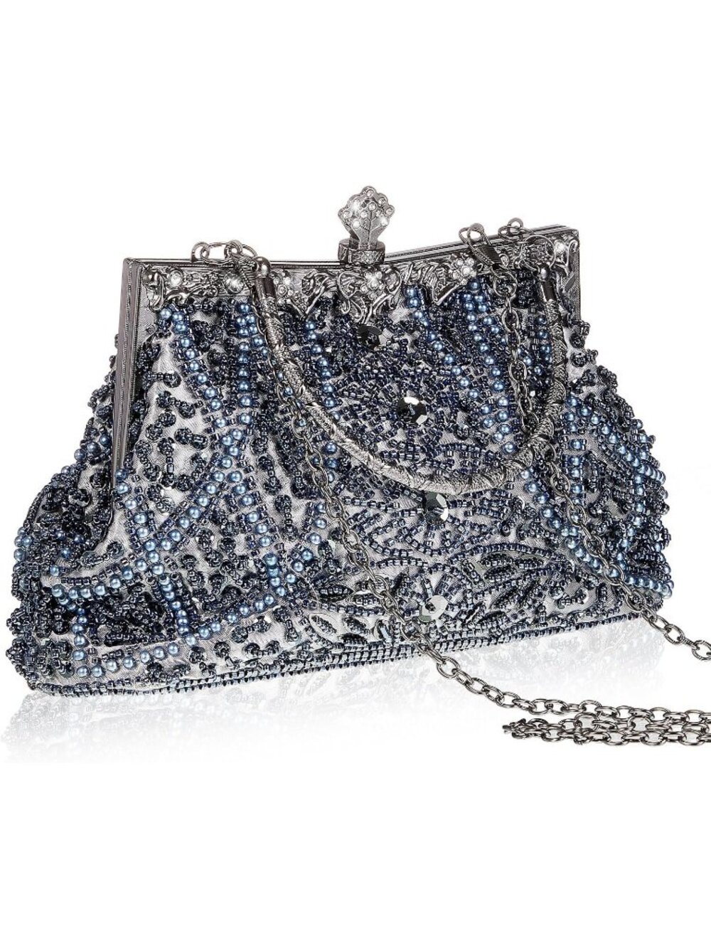 Womens Grey Beaded Rhinestone 1920s Flapper Kiss Lock Frame Evening Bag Clutch